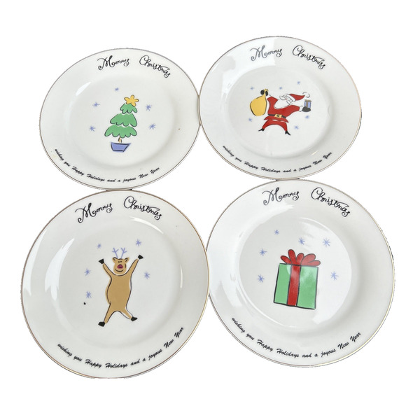 Merry Brite 2000 Set of 4 Porcelain Dessert / Salad Christmas Plates Santa - Picture 1 of 7